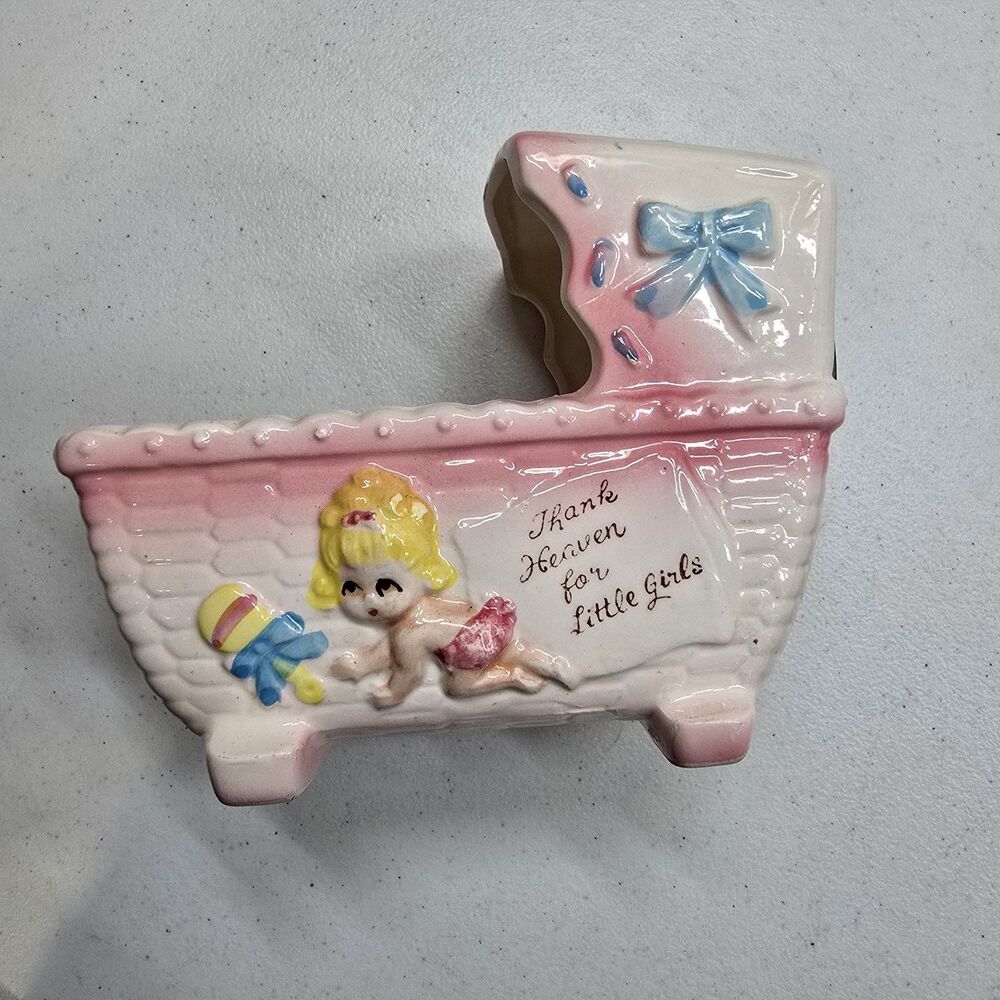 Vtg Rubens Ceramic Planter Music Box "Thank Heaven For Little Girls" Japan Pink